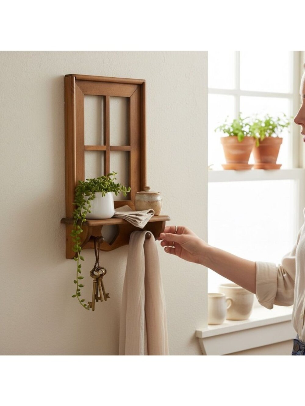Rustic Wooden Wall Shelf With Windowpane Design & Heart Cutout